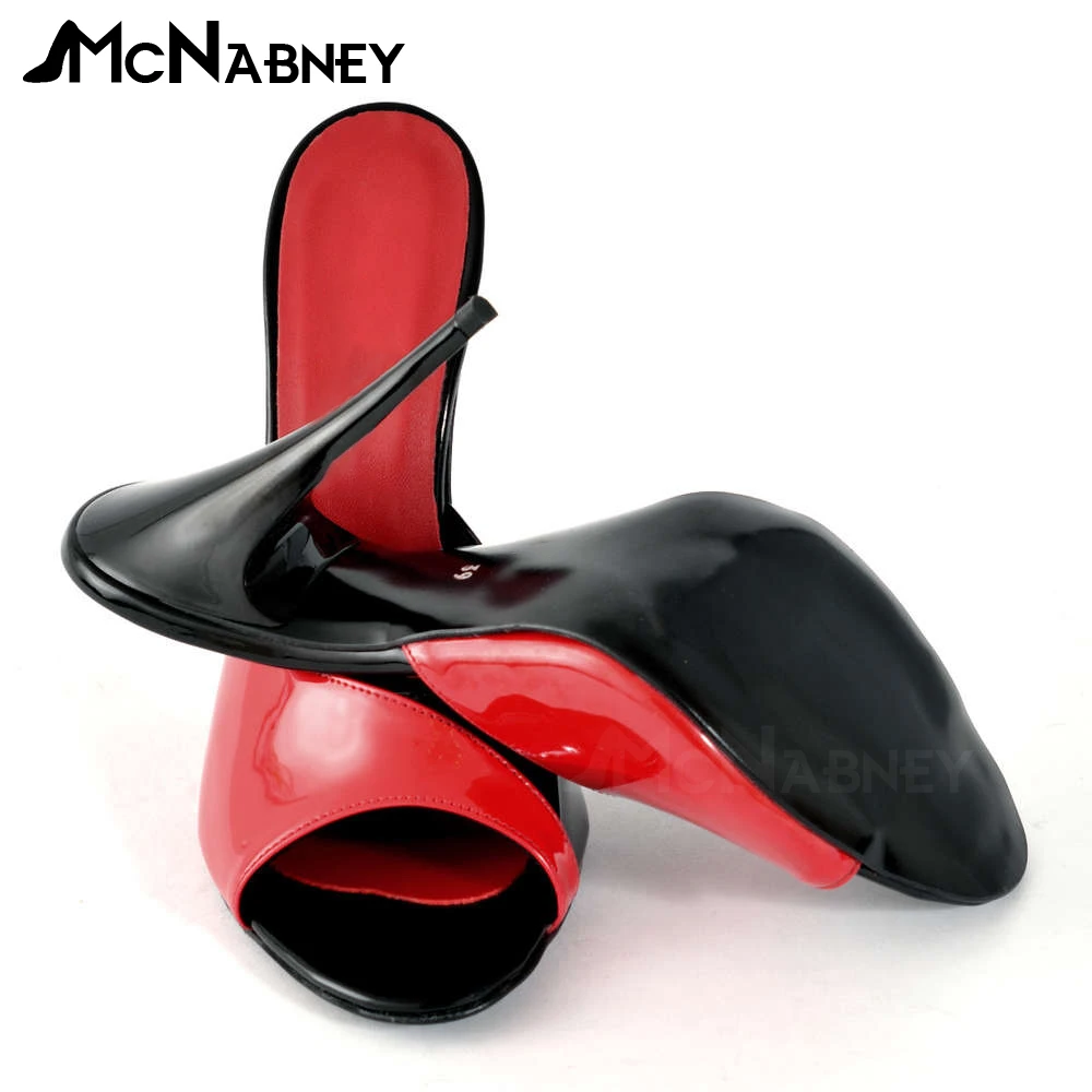 Black Red High-Heeled Mules Peep Toe Patent Leather Stiletto Sandals Sexy Summer Slippers Custom Color Large Size for Women Men