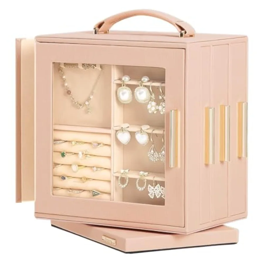 

Jewelry Box 360° Rotating Necklace Earring Organizer with Transparent Window Mirror 7 Drawers Large Ring Display Storage Case f