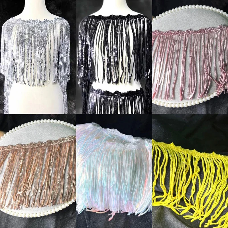 Sequins Tassel Fringe Sewing Trim for DIY Dance Clothing Charm Tassel Fringe Heavy Beads Glass Tube trimming DIY Dress Costume