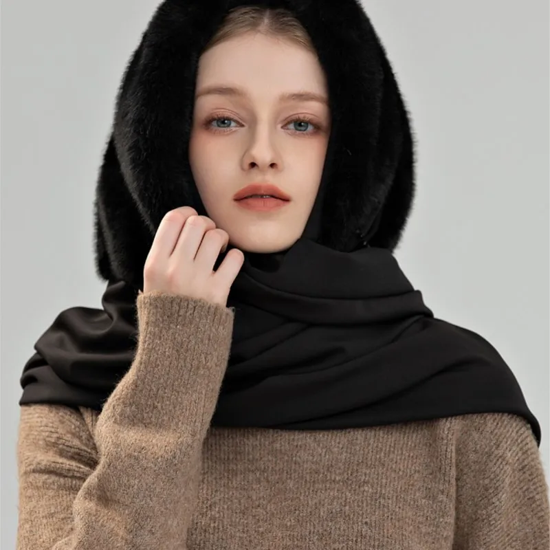 One woman outdoor fashion with warm ear fluffy one-piece hat