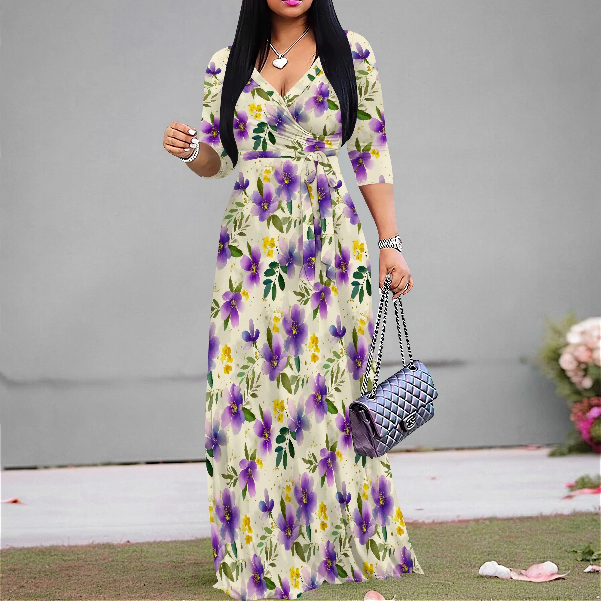 

Purple Floral Maxi Dress for Women S-3XL V-Neck Wrap Style for Spring Picnic, Garden Party or Easter Outfit