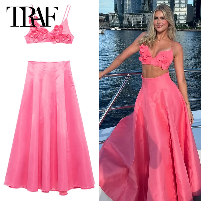 

TRAF Floral White Pink Skirt Set Women's Two Pieces Set Sleeveless Slip Tops Women's Suitschic Maxi Mid Waist Long Skirt Outfits