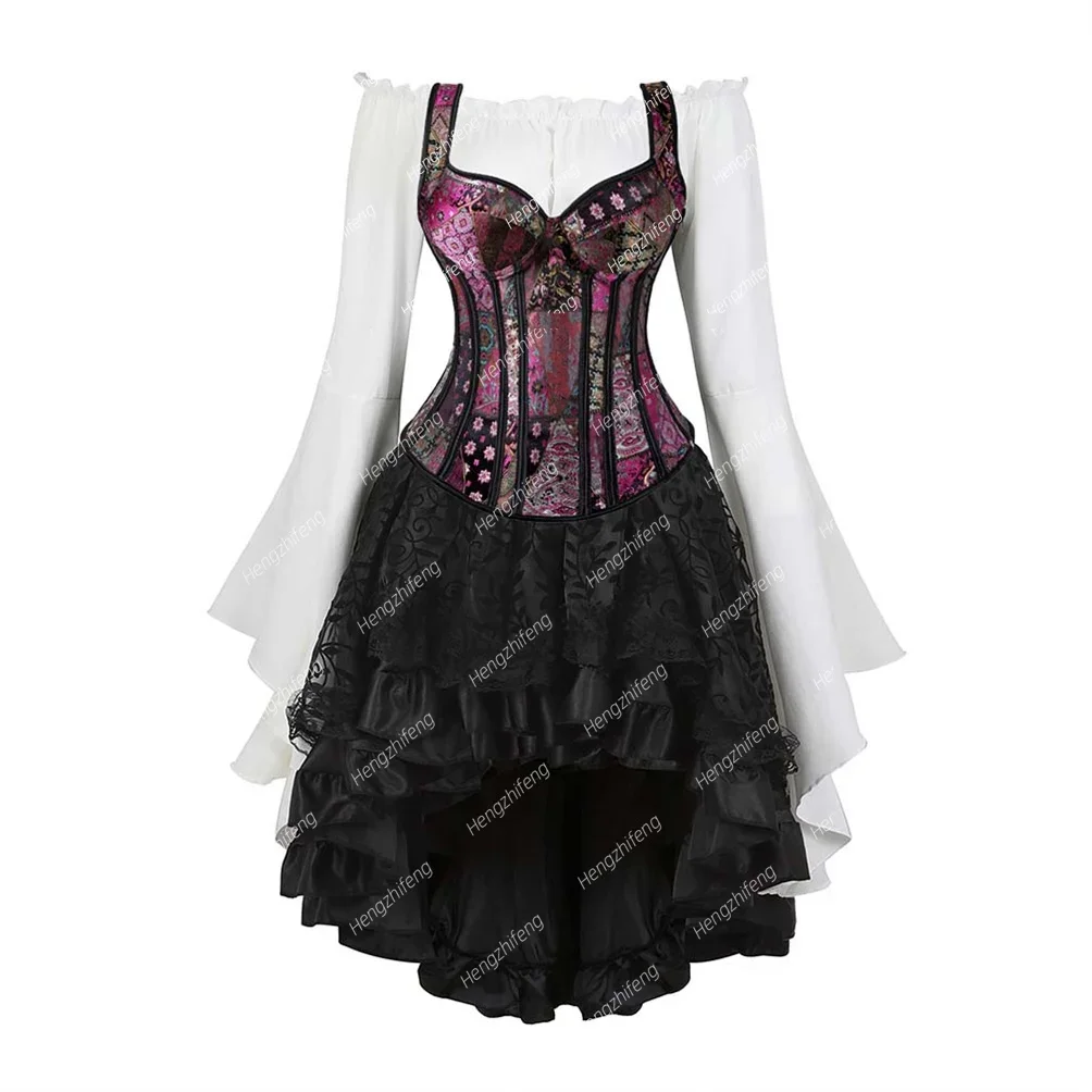 Steampunk Corset Dress Blouse 3-Piece Set Sexy Gothic Bustier with Straps Side Zipper Retro Korsett Victorian Costume Plus Size
