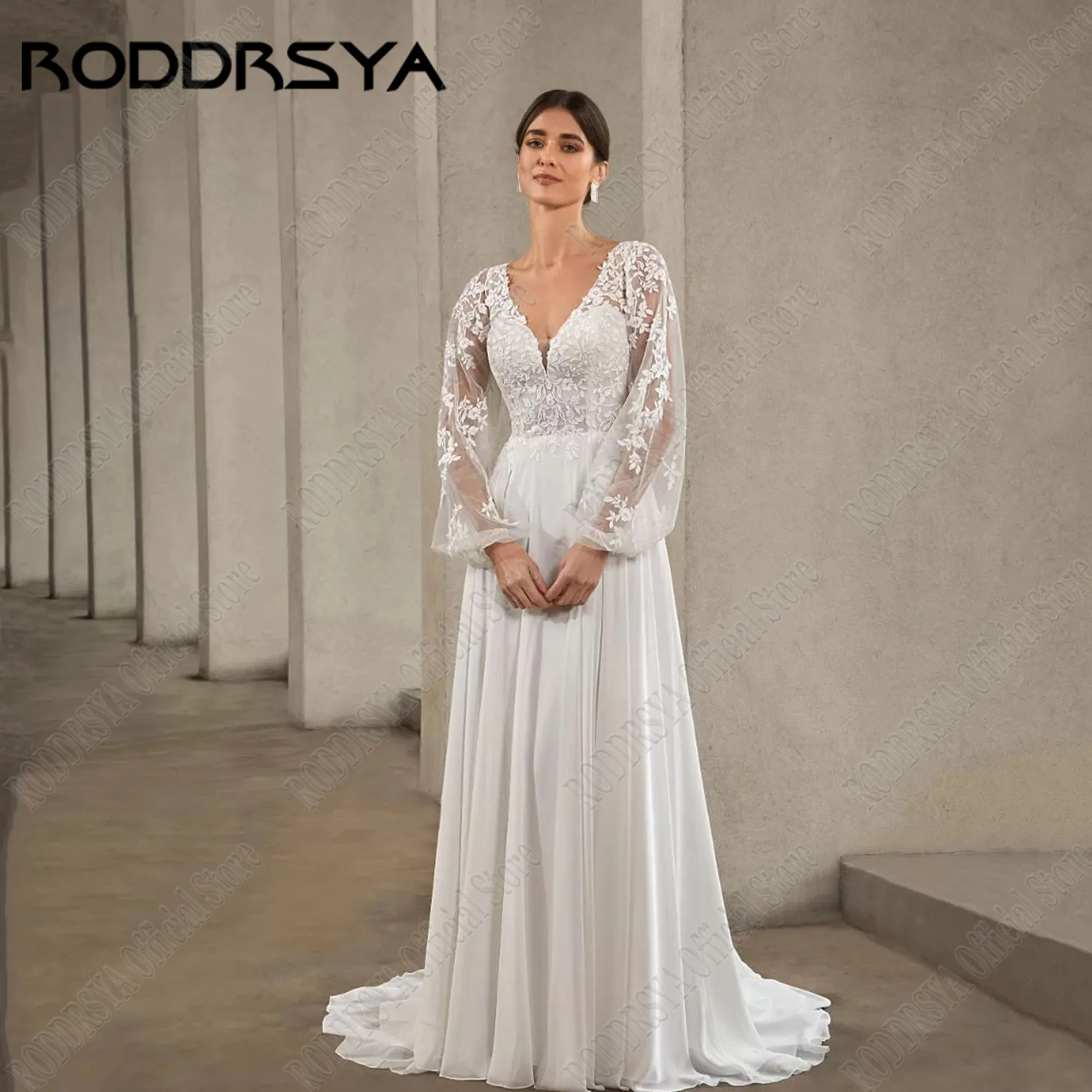 RODDRSYA Chiffon Vestido De Noiva Destacável Puff Mangas V-Neck Backless A Linha Lace Applique Noiva Vestidos Partido Ver Através De VoltarRODDRSYA Chiffon Wedding Dress Detachable Puff Sleeves V-Neck Backless A-Line L