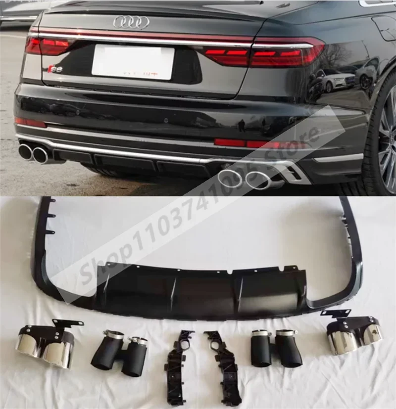 ABS Black/Sliver Rear Bumper Trunk Door Diffuser Lid Spoiler Exhaust Tips For Audi A8 S8 2019 2020 2021 2022 2023