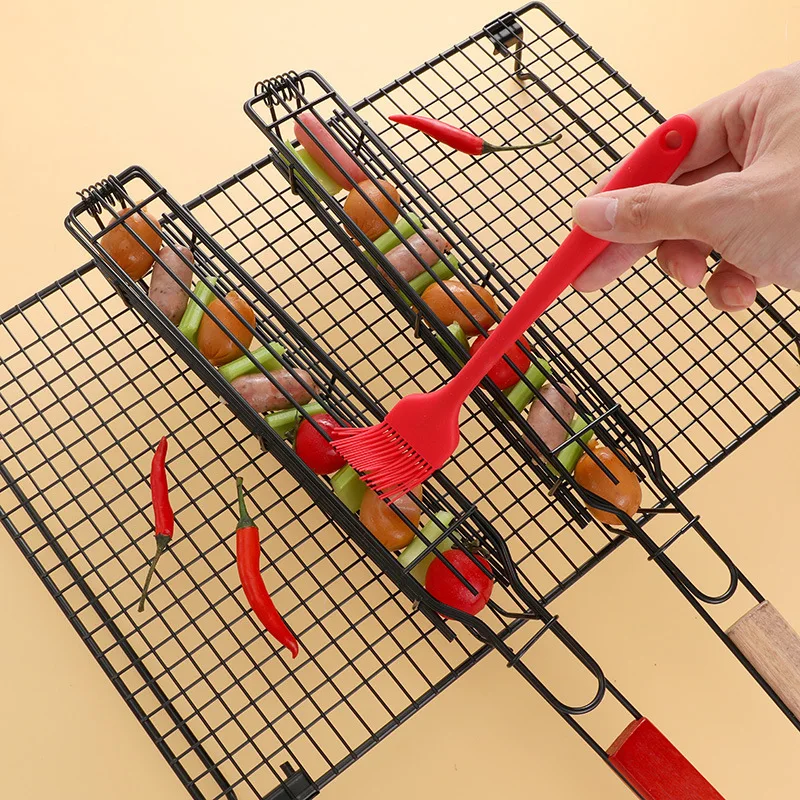 Outdoor Wooden Handle Barbecue Cage Camping Meat Vegetable Barbecue Net Rack Picnic Barbecue Tool Charcoal Grilled Sausage Stick