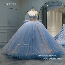 SPRAYING Blue Butterfly Quinceanera Dresses With Bow Lace Applique Prom Birthday Sweet 16 Dress Vestidos De XV Anos Customized