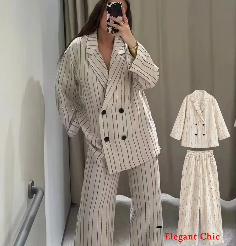 

KONDALA Casual Chic Women Set Striped Lapel Double-Breasted Blazer Long Pants 2025 New Summer Fashion Office Daily Work Mujer Se