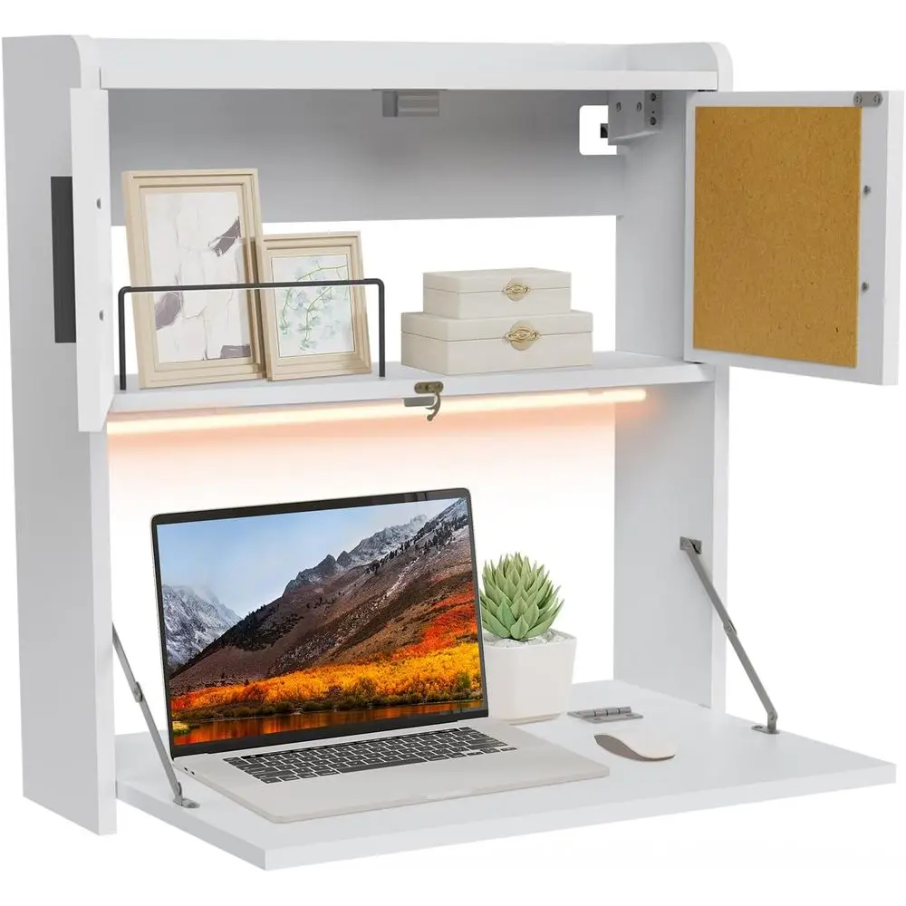 

Wall Mounted Desk with LED Light Multiunctional old Down Laptop Computer Table Writing Workstation with Storage Comparents Space