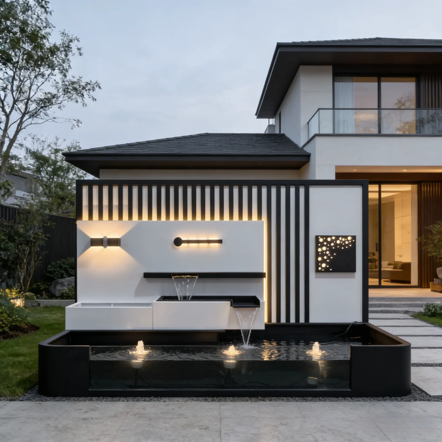 L8.28-Outdoor stainless steel finished large flowing water wall with waterfall outlet screen courtyard landscaping fish pond