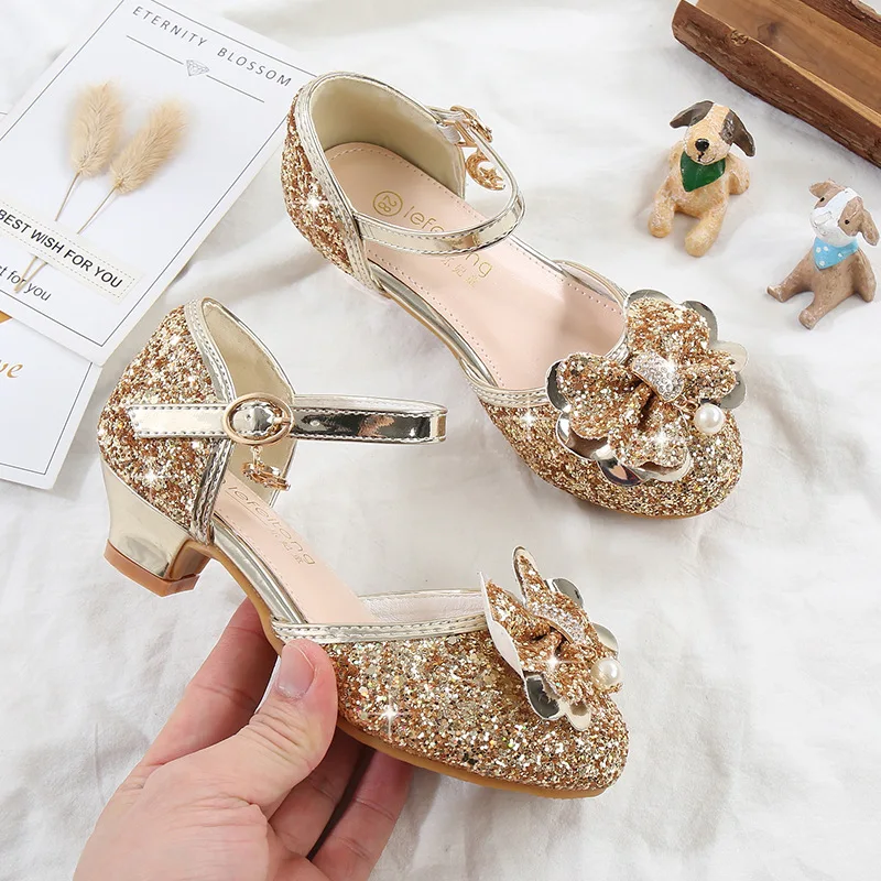 Classic Bow Princess Shoes for Girls Kids Casual Golden Pink Blue Glitter Pageant Party Dance Shoes Child Evening Heels Shoes