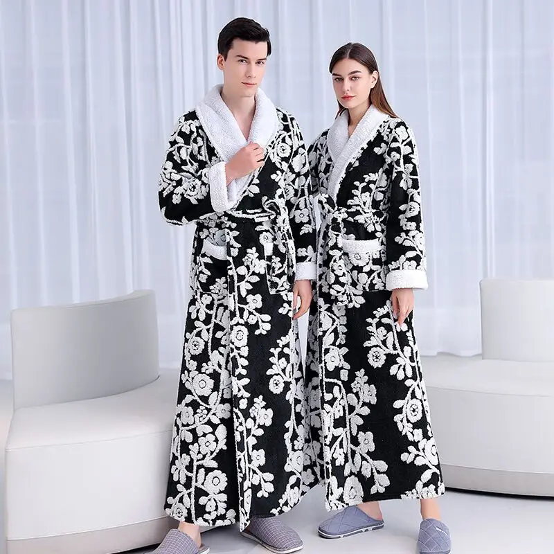 Male Winter Luxury Elegant Jacduard Sleepwear Robes Thick Flannel Couple Lovers Bathrobes Nightgown Belt Pocket Trendy Design
