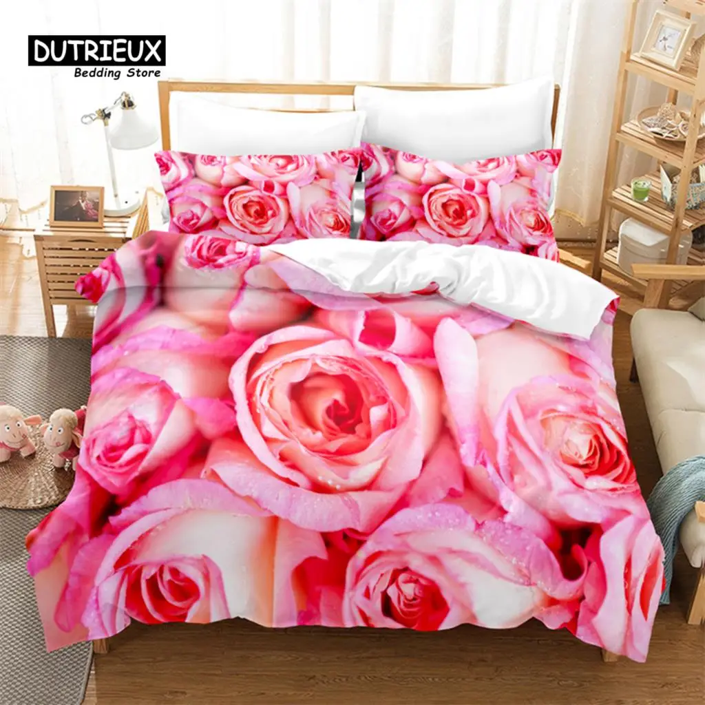 

Pink Roses Bedding Set, 3Pcs Duvet Cover Set, Soft Comfortable Breathable Duvet Cover, For Bedroom Guest Room Decor