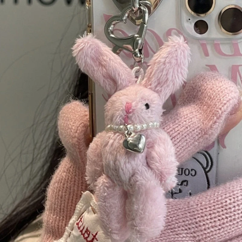 Porte-clés lapin rose en peluche, Mini poupée en peluche, pendentif en forme de cœur d'amour, accessoires pour sac à dos