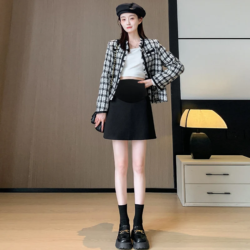 French Style Pregnant Woman A-line Mini Skirts High Waist Slim Hips Maternity Woolen Skirt
