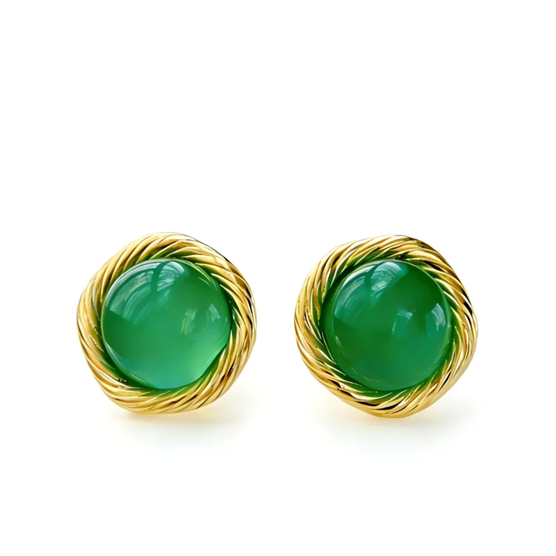 

Authentic 925 Sterling Silver Earrings Lady Retro Style Inlaid Green Chalcedony 18K Gold Plated Earstuds Trendy Jewelry Gift