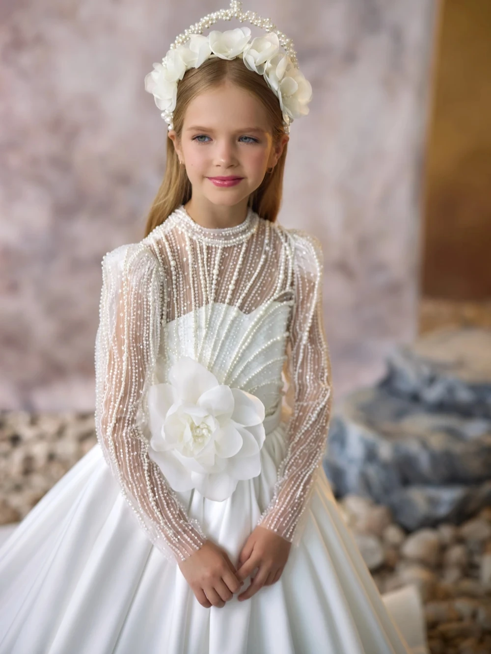 Exquisite Glitter Pearls Princess Gown With 3D Flower For Girls Birthday Cute New Graceful Bow Kids Dresses A-line Satin Long