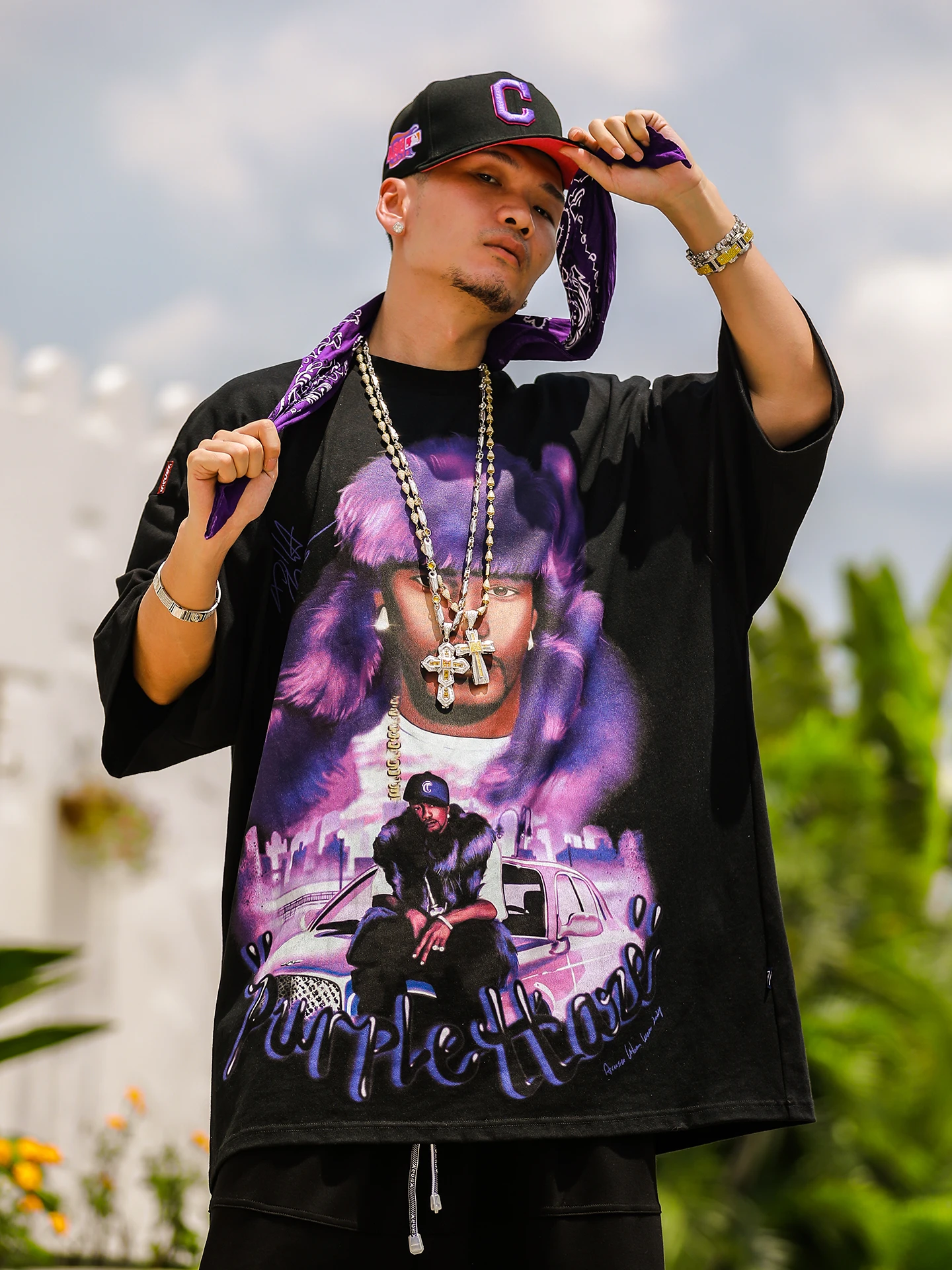 Loose Fit Men's Short Sleeve T-Shirt AcusaDipset Harlem Idol Boy Group Ink Spray Purple Mist Album Cover Hip Hop Style Breath...