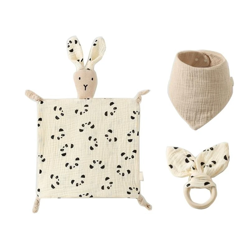 J15U Baby Toy Set Baby Bibs with Bunny Security Blanket & Rabbit Animal Sensory- Gift