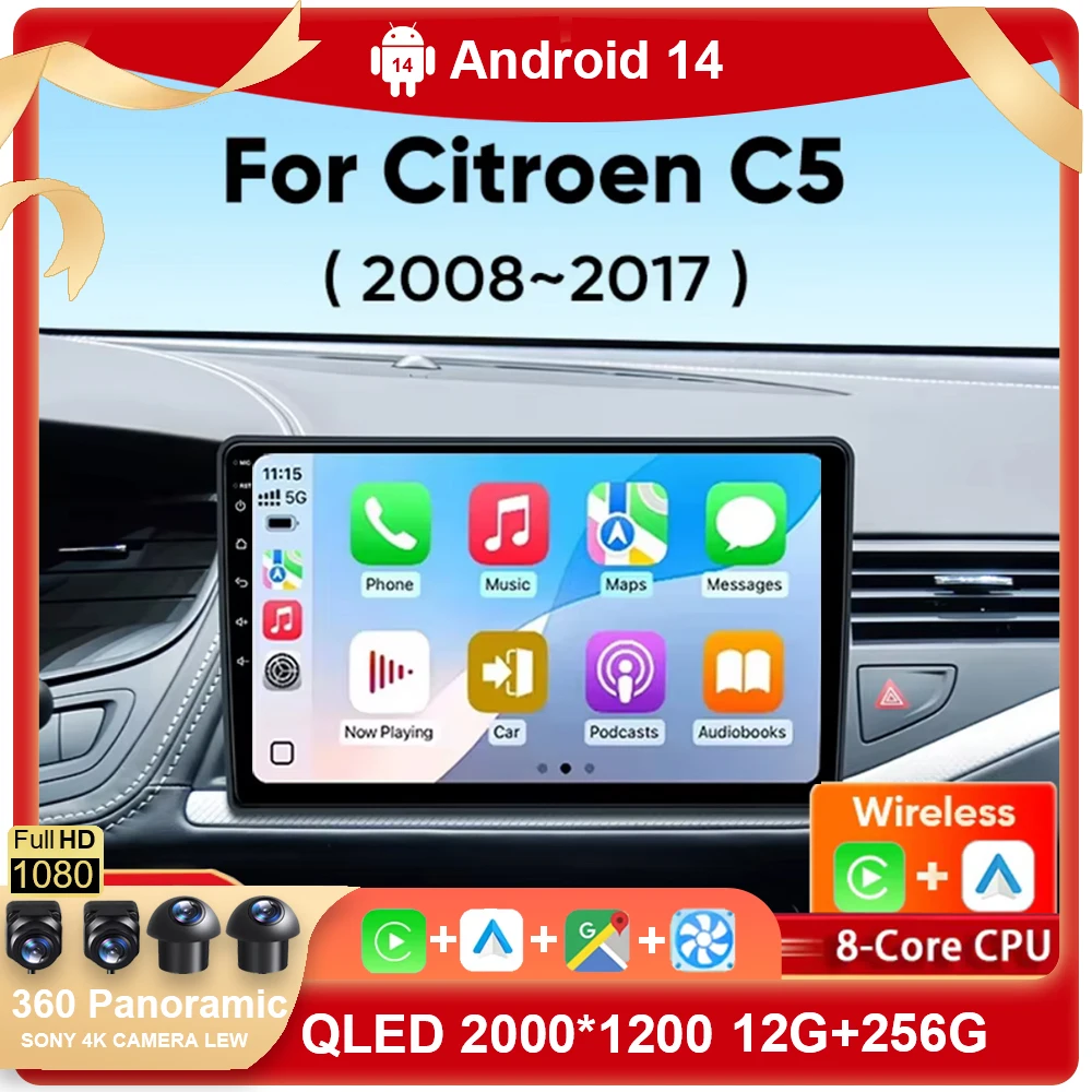 For Citroen C5 2008 2009 2010 2011-2017 Carplay Auto Android 14 Car Radio Multimedia Video Player Navigation No 2Din 2 Din  WiF