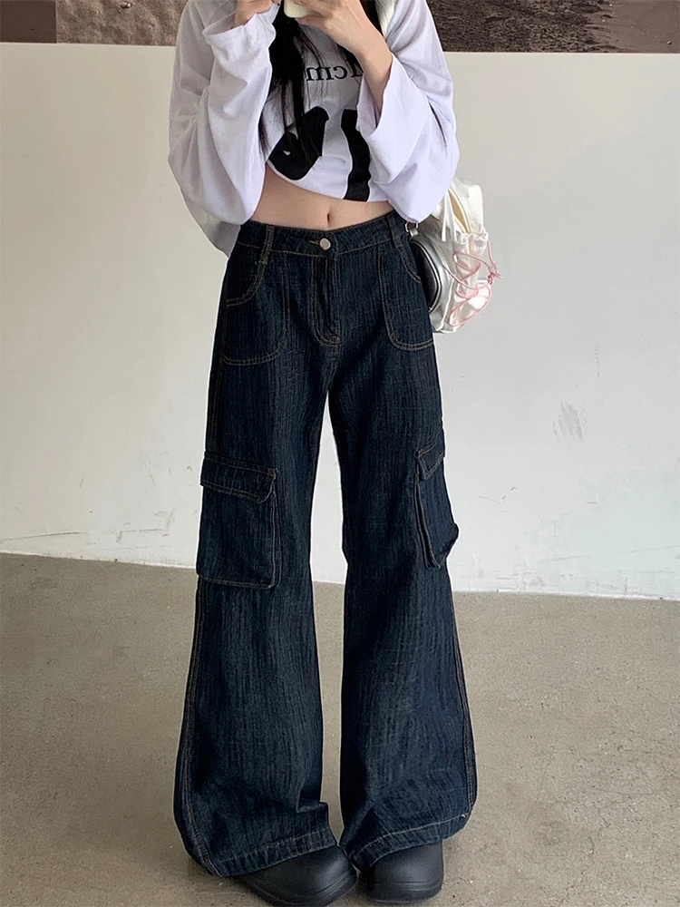 Women Korean Fashion Flare Jeans Grunge Japanese Harajuku Gyaru Y2K Denim Cargo Pants Cyber Punk Hip-pop 2000s Aesthetic Tomboy