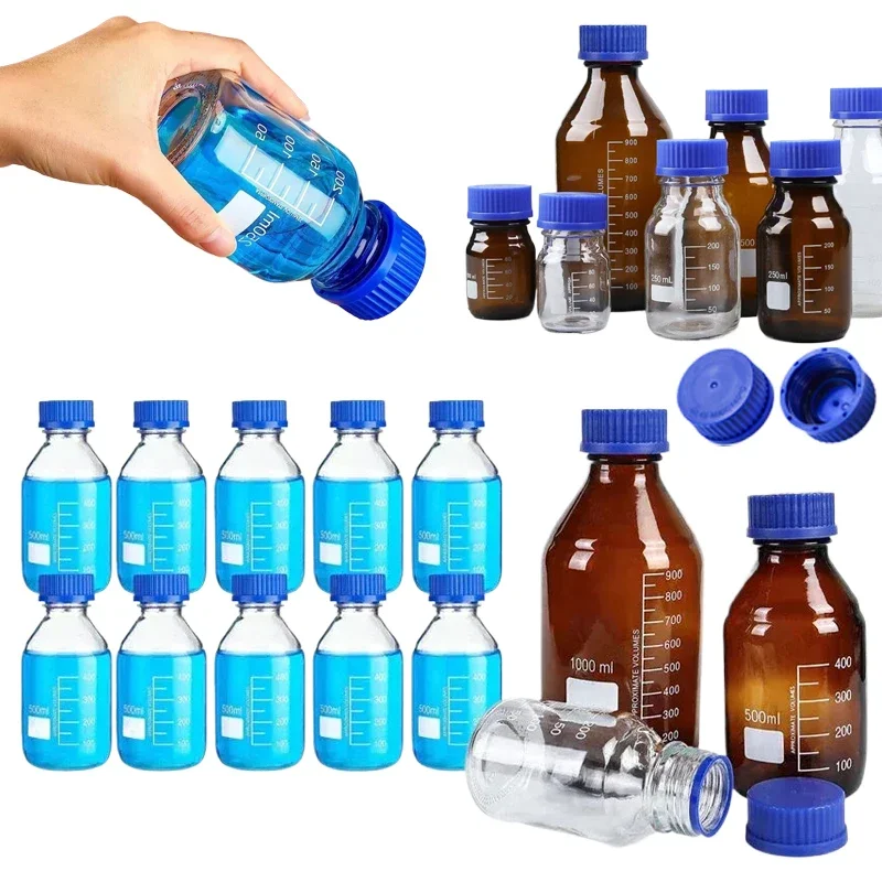 1Pcs 25ml-1000ml Non-High Borosilicon Round Glass Media Storage Bottles Lab Bottle w/ Blue GL45 Screw Caps For Liquids Reagent