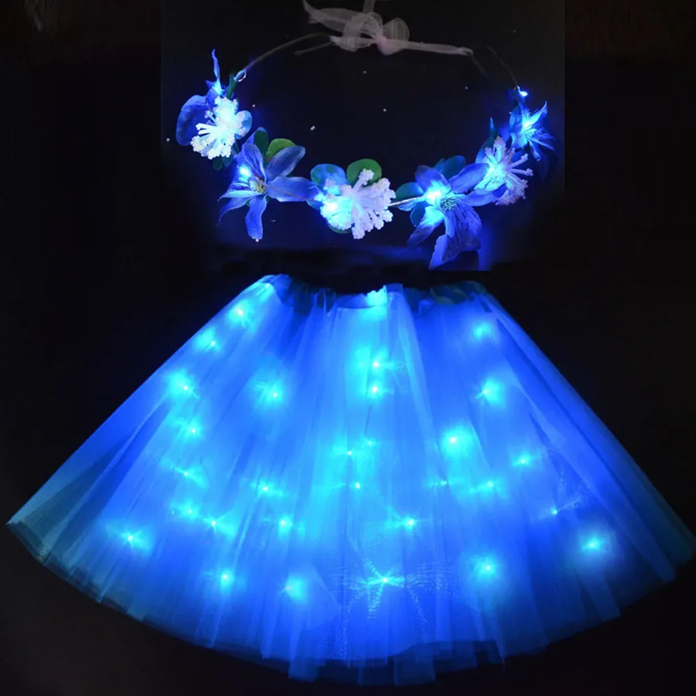 Women Girl LED Light Up Fairy Tutu Skirt Flower Headband Crown Gift Birthday Party Costume Wedding Festival Christmas Halloween