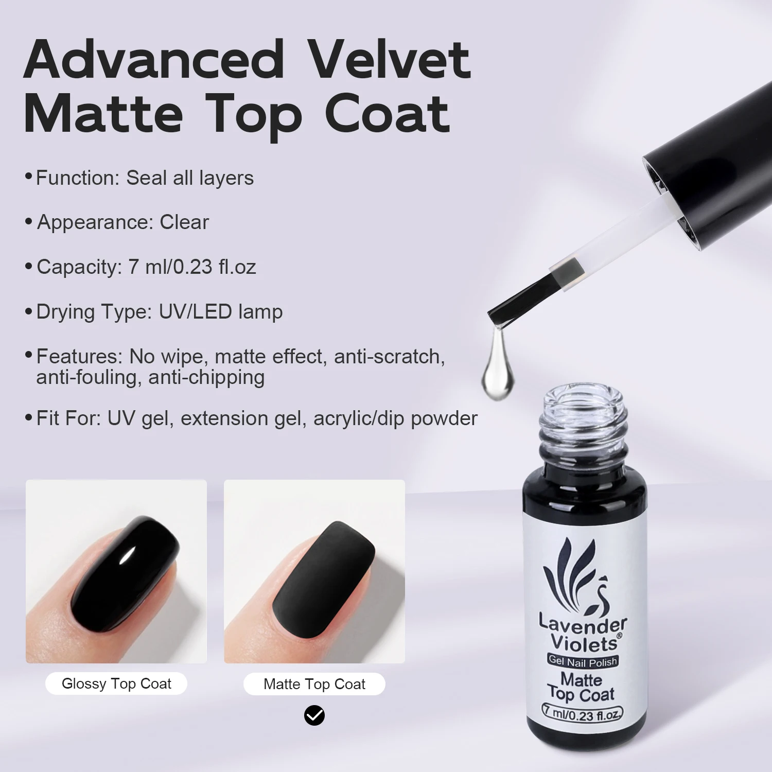 2pcs 7ml No Wipe Glossy and Matte Top Coat, Long Lasting Soak Off Nail Gel Varnish for Home Salon Manicure Beginner Use
