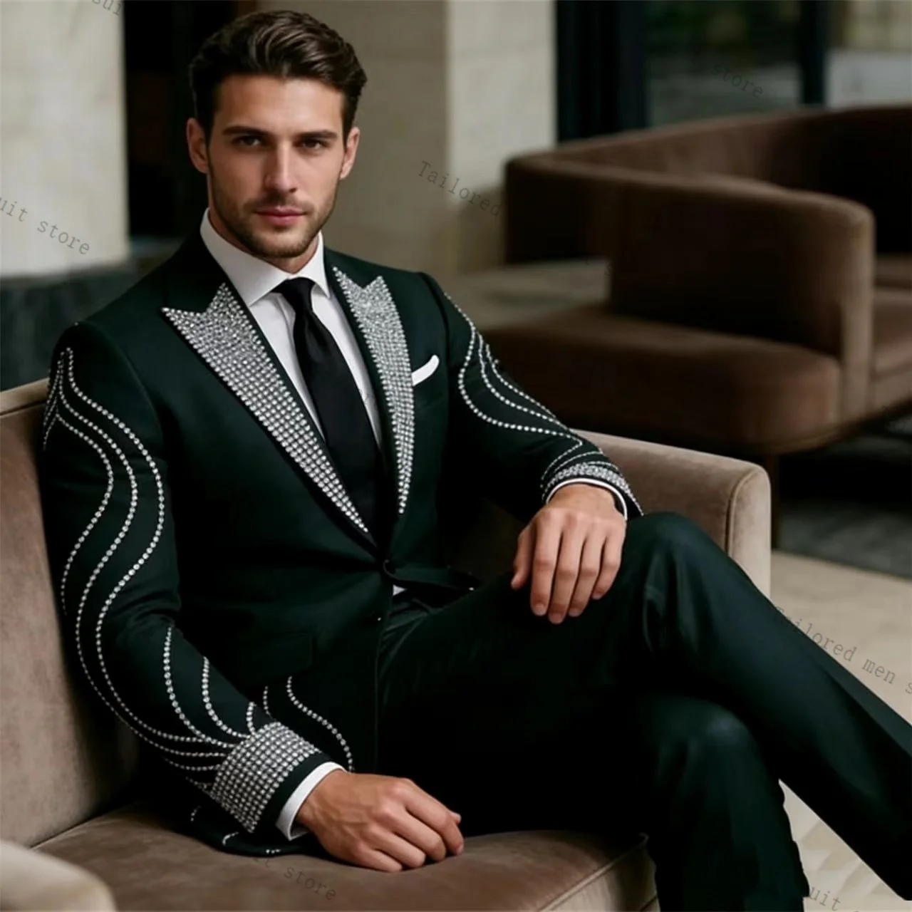 

Luxury Green Men Suits Pants Set 2 Pcs Blazer+Cotton Trousers Groom Wedding Tuxedos Jacket Formal Office Business Coat Outfit