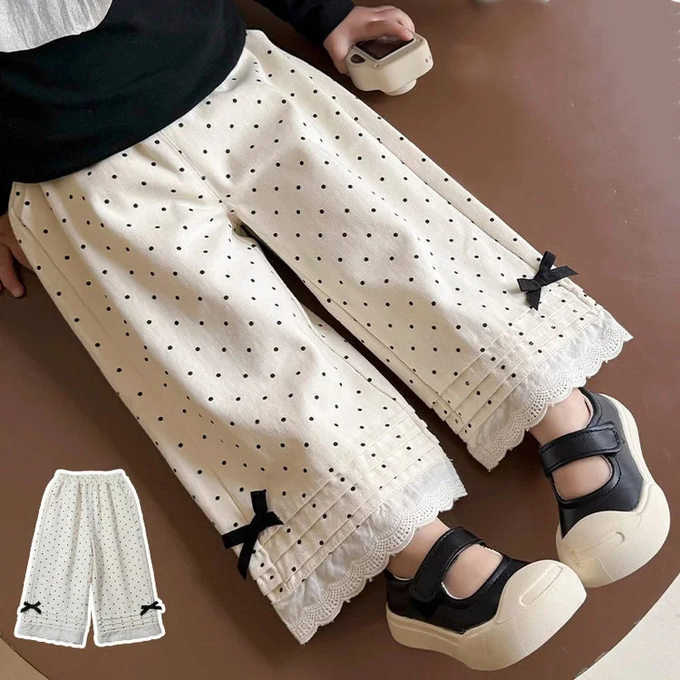 

Осенние брюки для маленьких девочек, кружевные брюки с бантом и принтом в горошек, брюки для маленьких девочек с эластичной резинкой на талии, детские широкие брюки для маленьких девочек