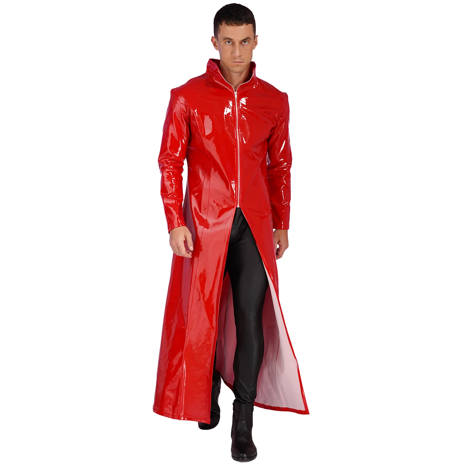 Sexy Mens Wetlook Patent Leather Long Sleeve Cloak Coat Party Club Stage Performance Costume