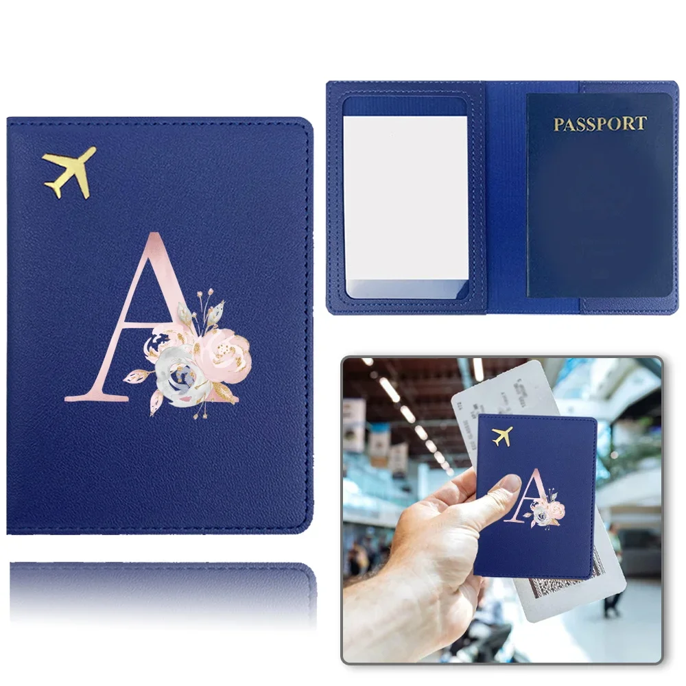 Pu Passport Cover Airplane Travel Passport Case Business Passport Clip Credit Card Organizer Cover Pink Flower Letter Pattern