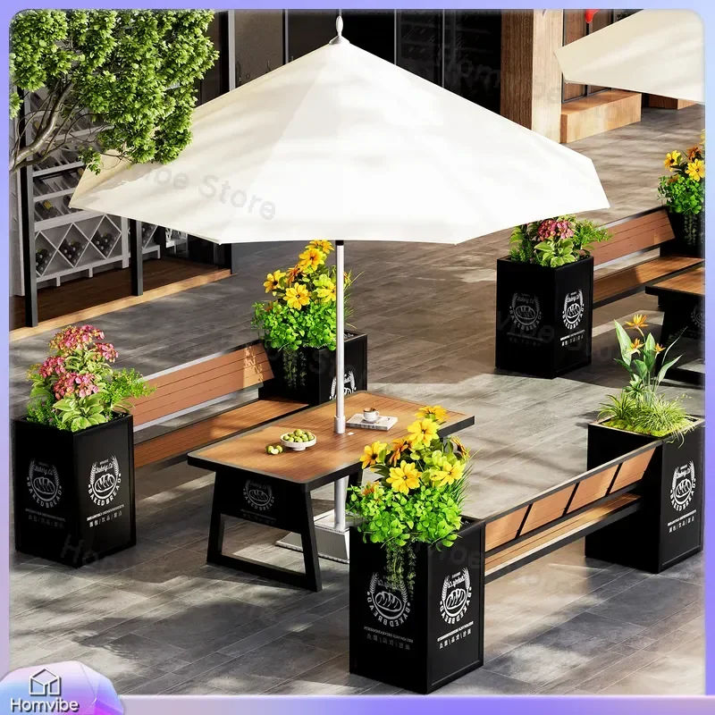Outdoor WPC Flower Box Bench with Table Commercial Patio Seating Square Garden Planter Seat Cafe Waiting Chair Deck Furniture