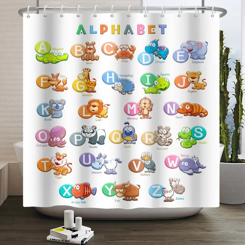 Kids ABC Alphabet Educational Shower Curtain Animals Colorful Funny Learning Teaching Words Children Bathroom Curtain Waterproof