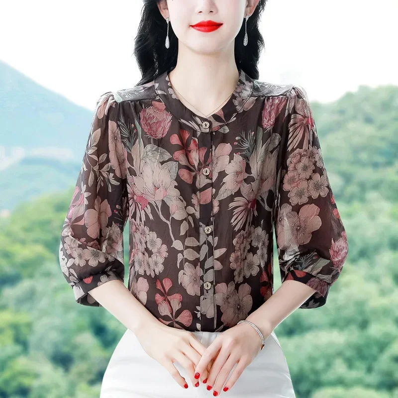 

Свободная повседневная рубашка с рукавом 3/4, летняя женская повседневная блузка для женской одежды, топы с принтом