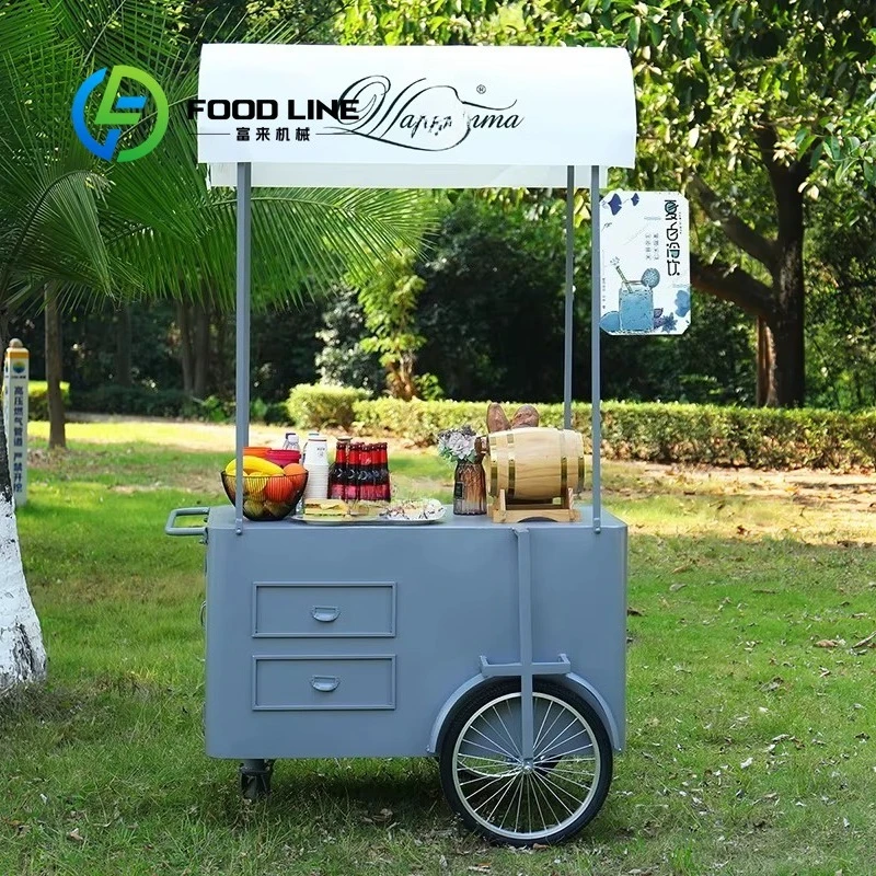 Customized Portable Hand Push Snack Food Cart With Display Freezer For Street Vendor Delivery