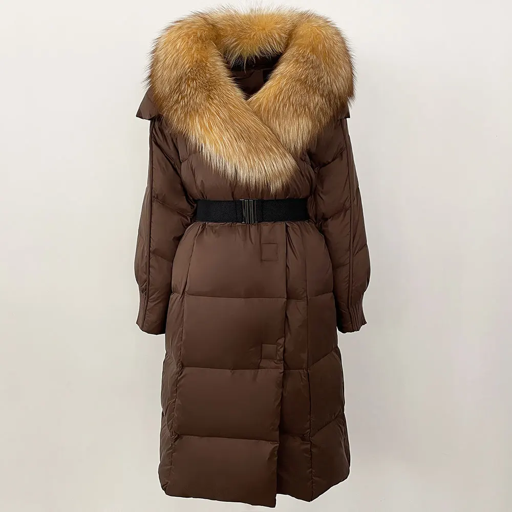 White Goose Down Coat Belt 2024 Winter Thick Warm Casual Outerwear Real Raccoon Fox Fur Collar Long Natural Jacket Women