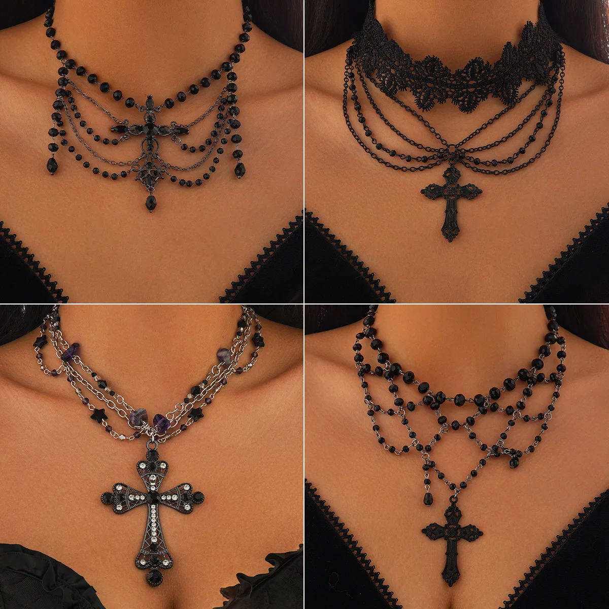 Kpop Punk Goth Black Lace Beads Cross Pendant Stone Chain Necklace Men Women Hip Hop 2000s Y2K Grunge EMO Accessories