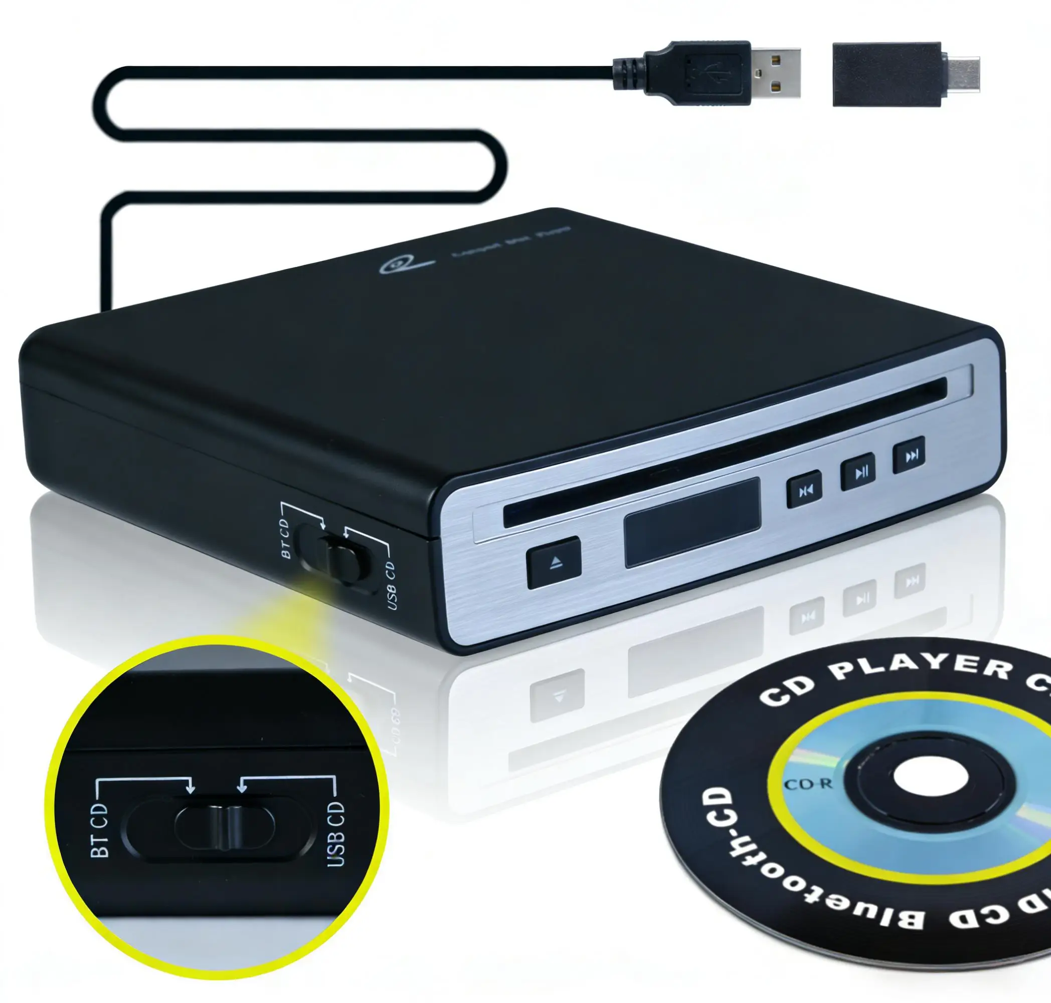 Car CD Player for Portable, External Car CD Player, Dual-Mode USB or Bluetooth CD Player with for Car All-Models, Plug and Play