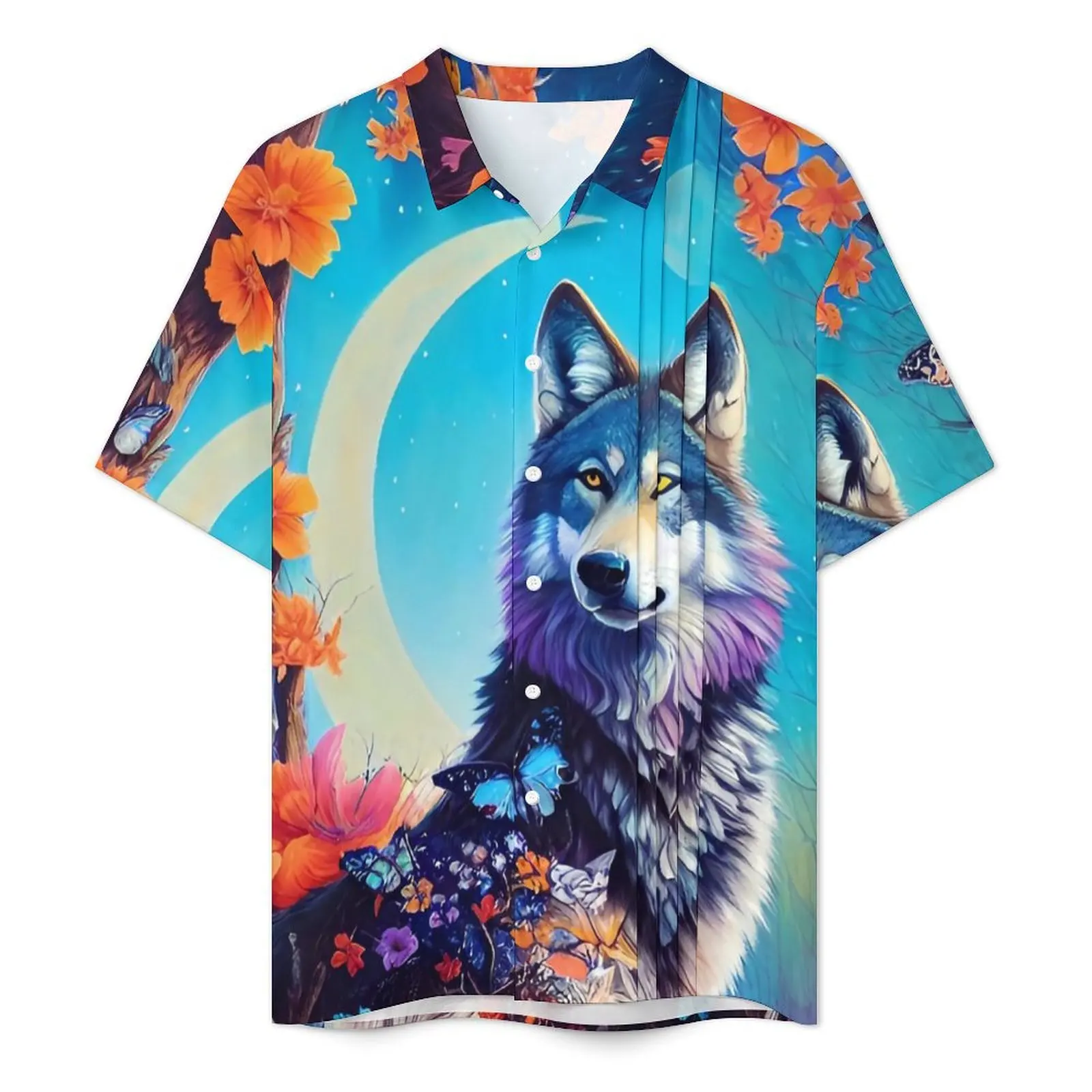 Camisa hawaiana de lobo en árbol floreciente para hombres, camisas casuales con estampado de flores de vacaciones, blusas clásicas de manga corta Harajuku de talla grande