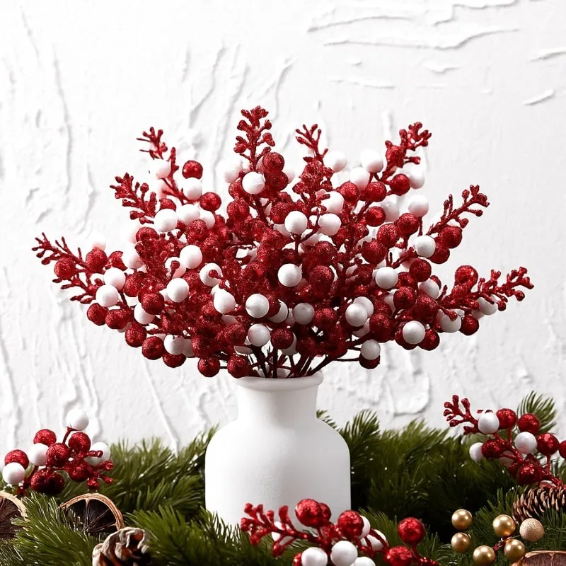 10/20 Stück funkelnde Weihnachtsbeerenstiele, rot, grün, künstliche Stechpalmenbeere, Weihnachtsbaum, hängende Dekoration für Kranz, Basteln, Navidad