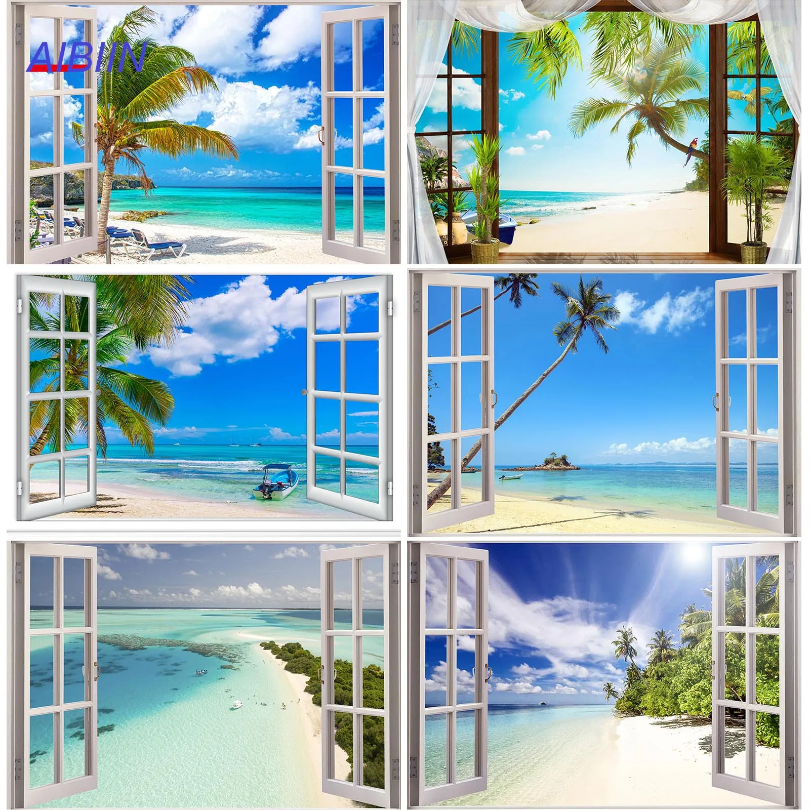 

Summer Seascape Window Backdrop Seaside Sand Family Holiday Photography Background Palm Tree Blue Sky White Cloud Party Decor