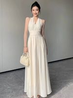 Elegant Backless Sexy Club Pleated Vest Long Dresses Women Black High Waist Beige V Nec Vacation Slim Party Evening Dress Summer