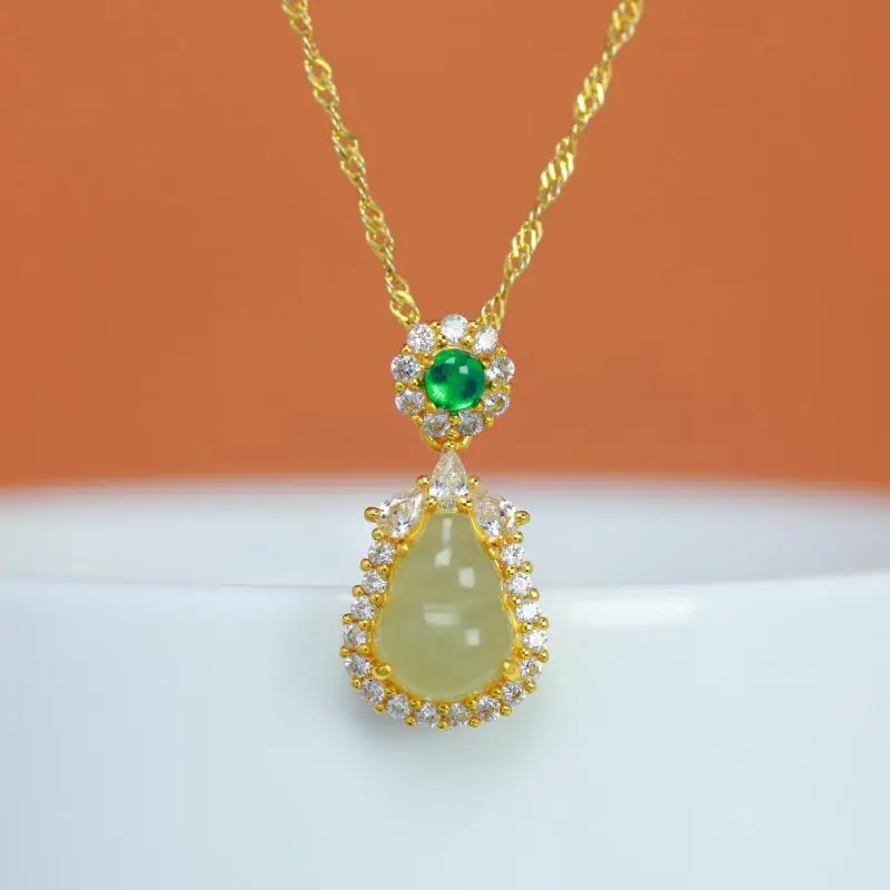 Genuine China Nephrite Stone White Hetian Jade Green Zircon 925 Silver Gourd Pendant Necklace Women Certified Jewelry Gifts