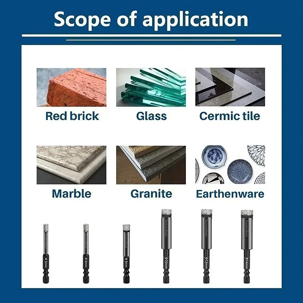 Punte da trapano a secco diamantate brasate sotto vuoto con manico esagonale da 6-12 mm Marmo Granito Apri foro per piastrelle vetrificate Punta da trapano diamantata Sega a tazza