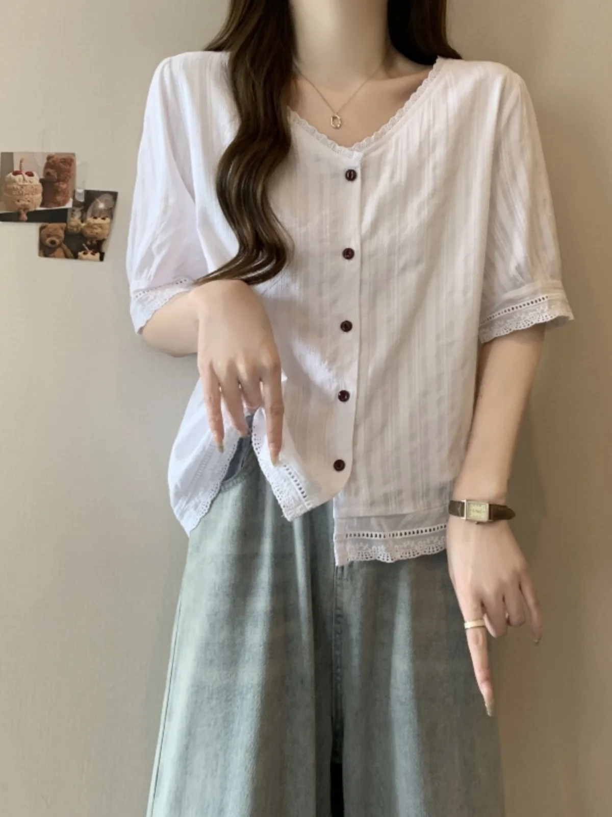 

Lace Trim V-Neck Short Sleeve Shirt Women's Summer Fashion plus Size Slimming Little Fragrance Style Open Cardigan Top