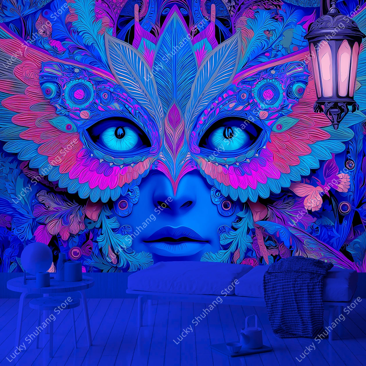 Vibrant Bohemian Mask UV Tapestry with Lush Floral Garland and Vintage Lantern for Mystical Bedroom Living Room Wall Decor