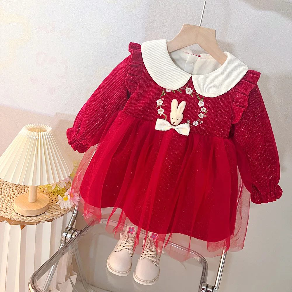 

Baby Girl Cute Rabbit Dress Birthday Party Girls Dresses Autumn Winter Newborn Baptism Clothing High Quality Embroidered Dress