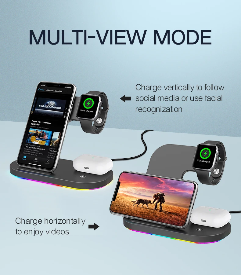 4 In 1 RGB Light Wireless Charger Stand For iPhone 14 13 12 Pro max Apple Watch 8 7 6 Airpods Pro 30W Fast Charging Dock Station