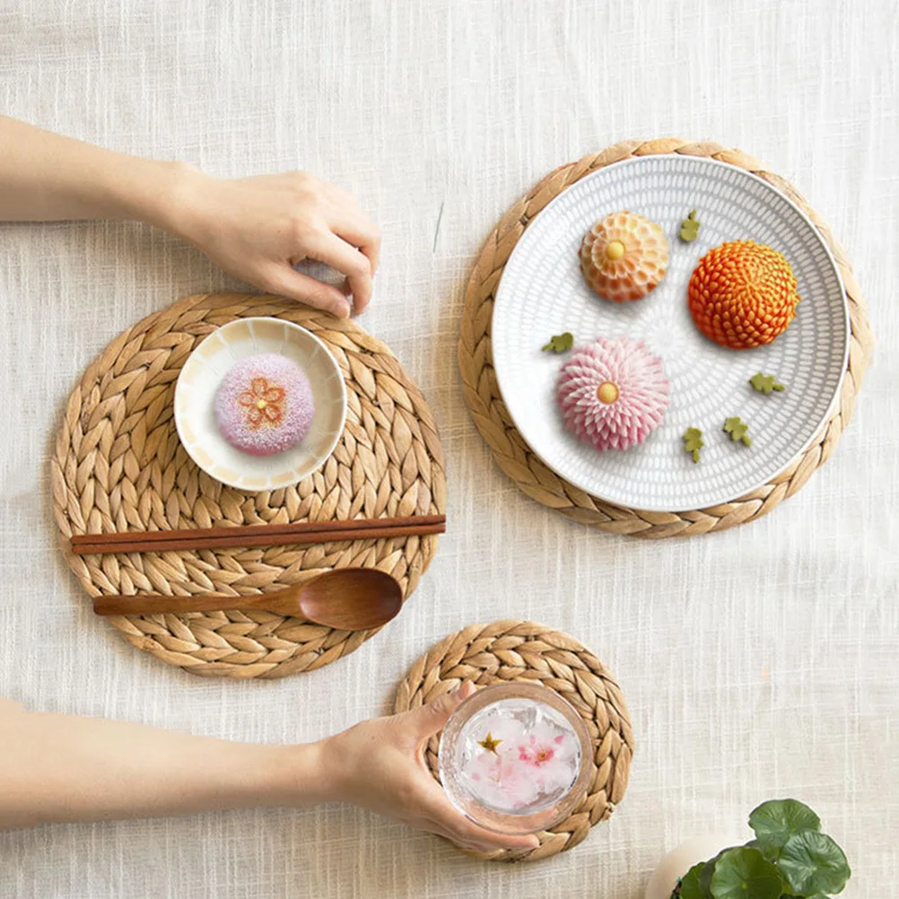 تحديد الموقع المنزلية المنسوجة جولة النمط الرعوي العزل الحراري طاولة طعام الديكور مقاومة للاهتراء إبريق الشاي حصيرة أطباق وسادة #2